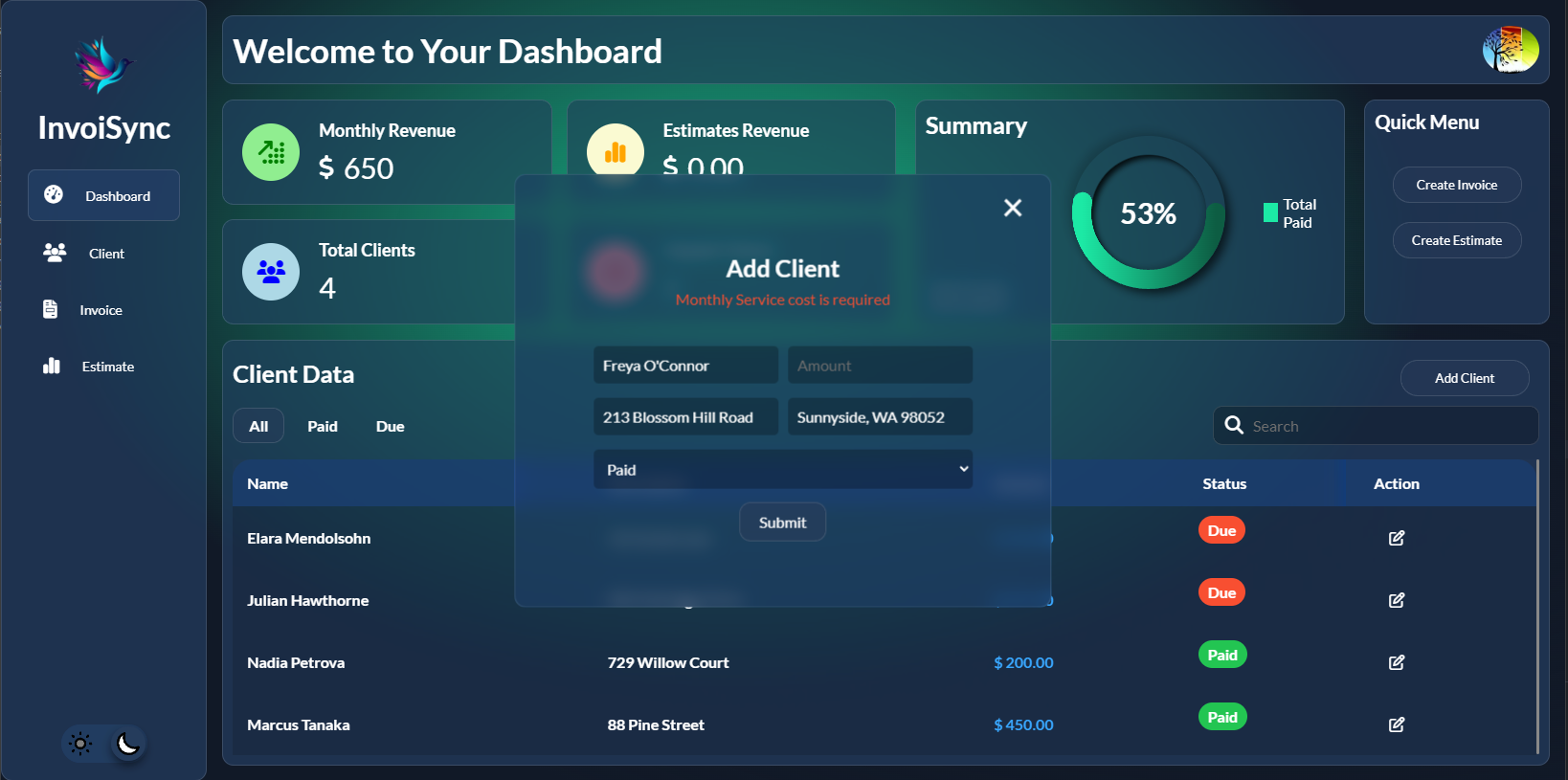 invoisync main dashboard