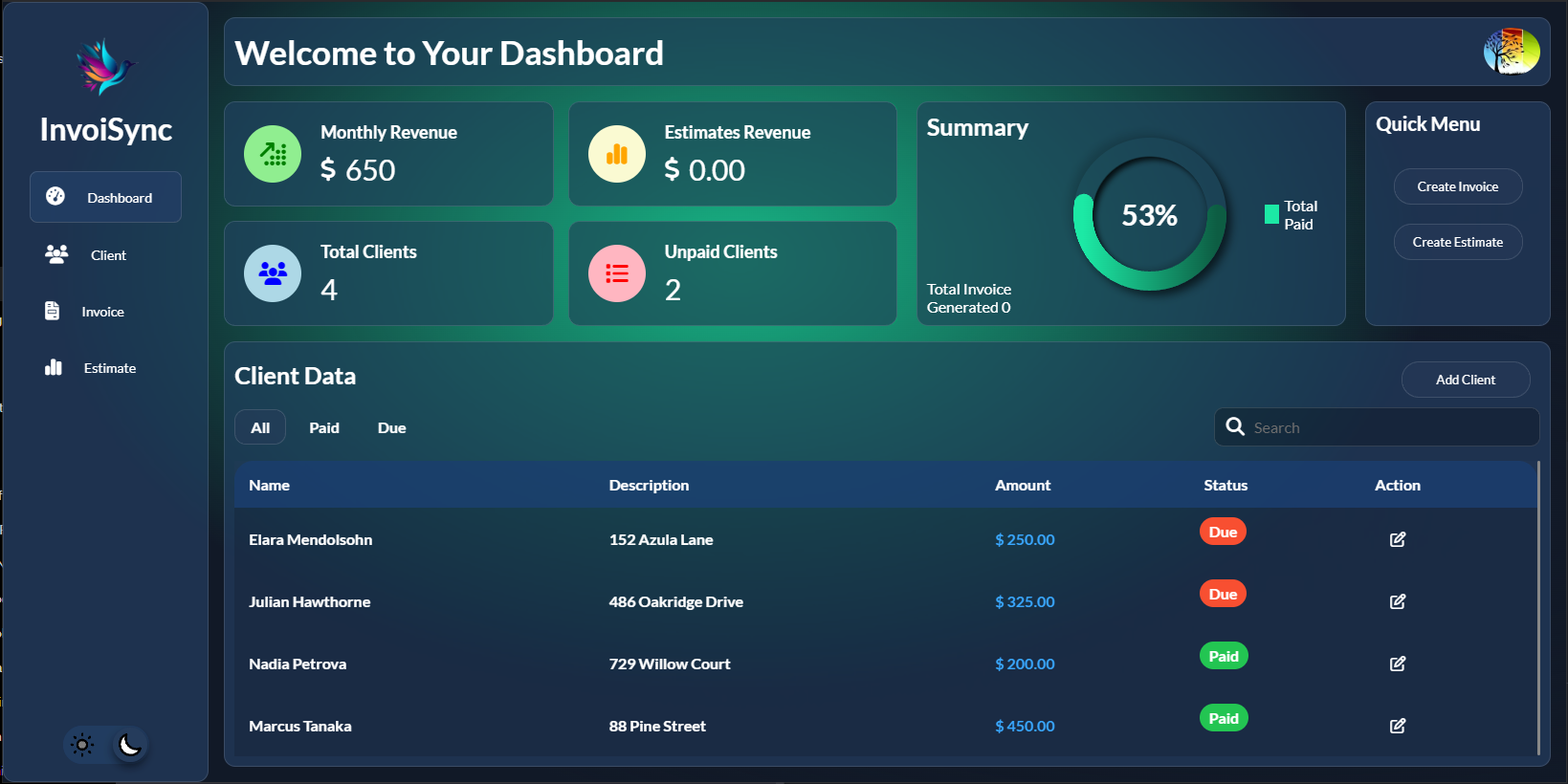 invoisync main dashboard